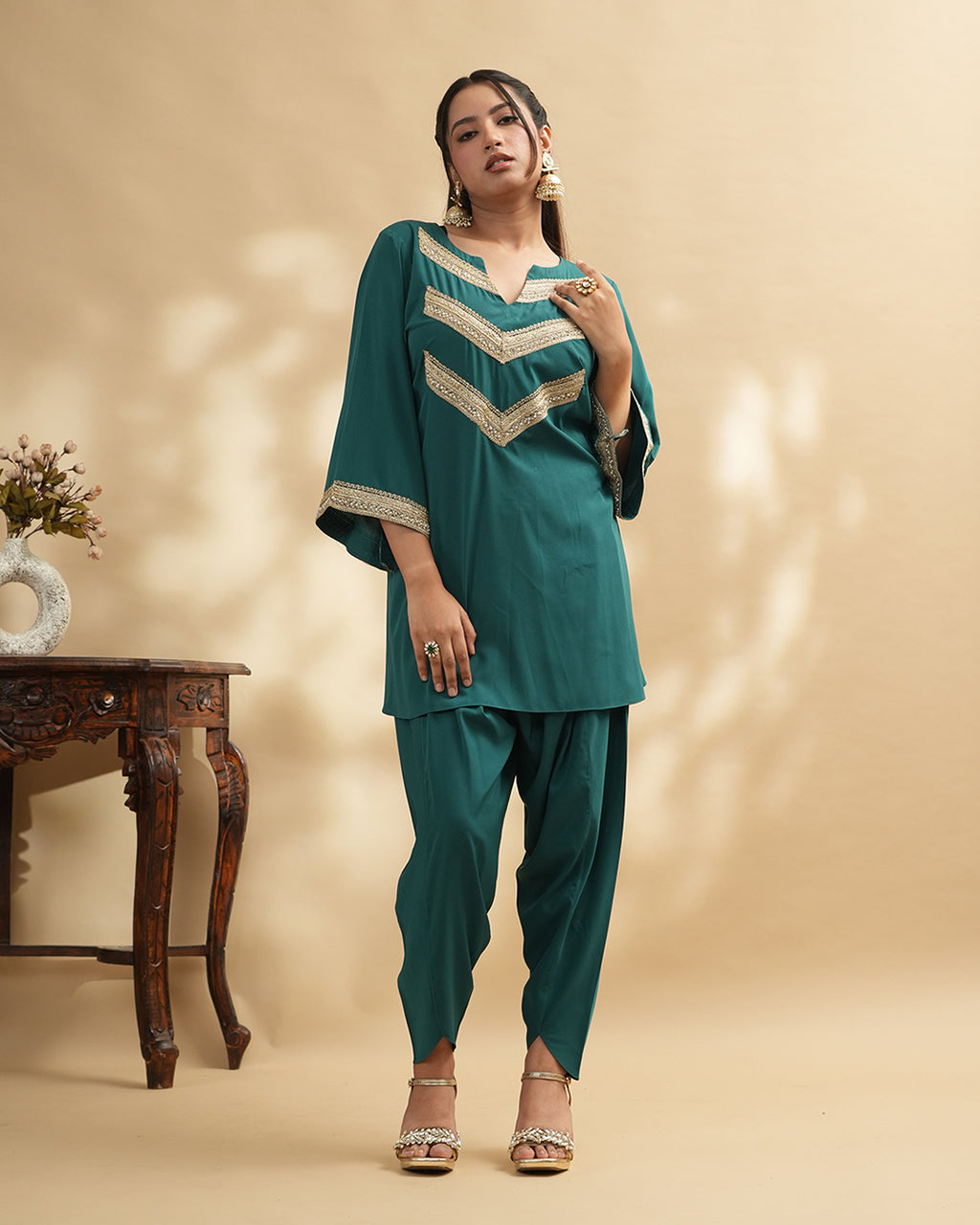 Teal embellished kurta set with tulip pants women