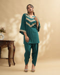 Teal embellished kurta set with tulip pants women