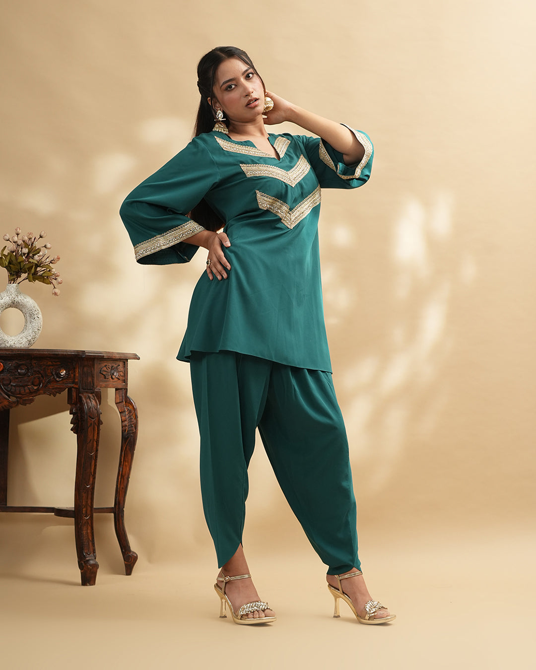 Teal green kurta with embellished bell sleeves women