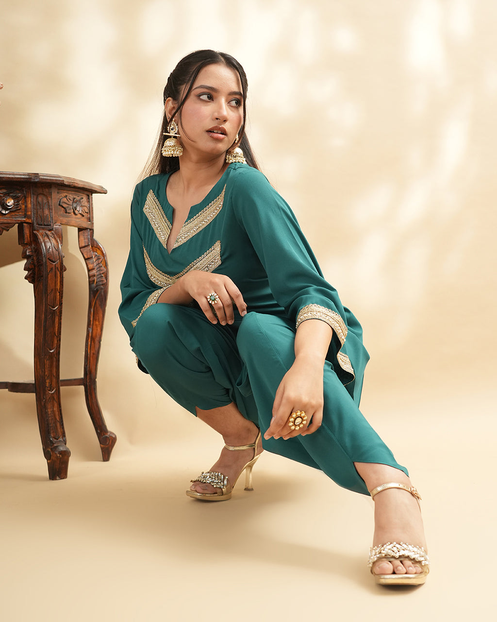 Teal kurta set with stylish tulip pants women