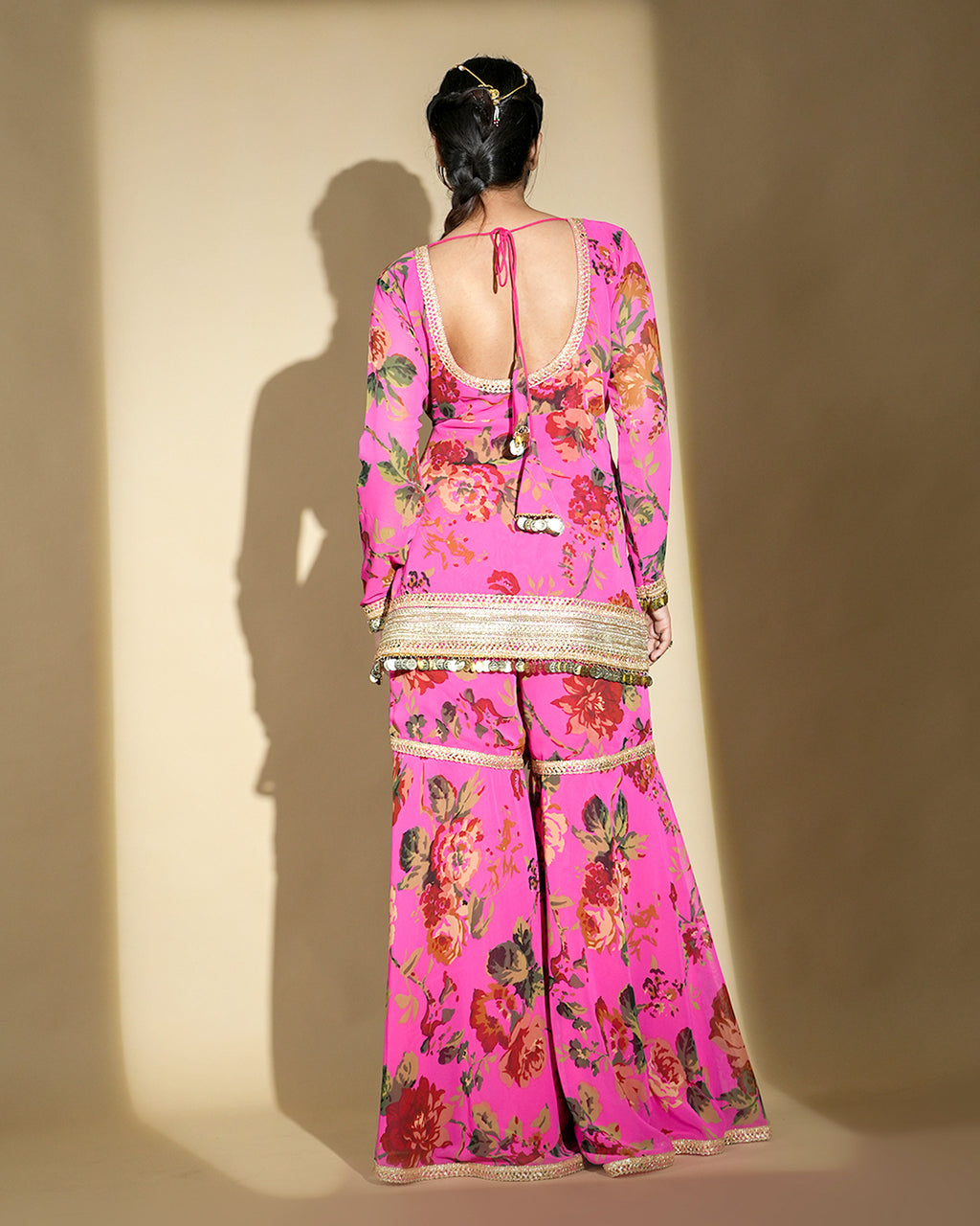 Hot pink kurta set elegant back profile view