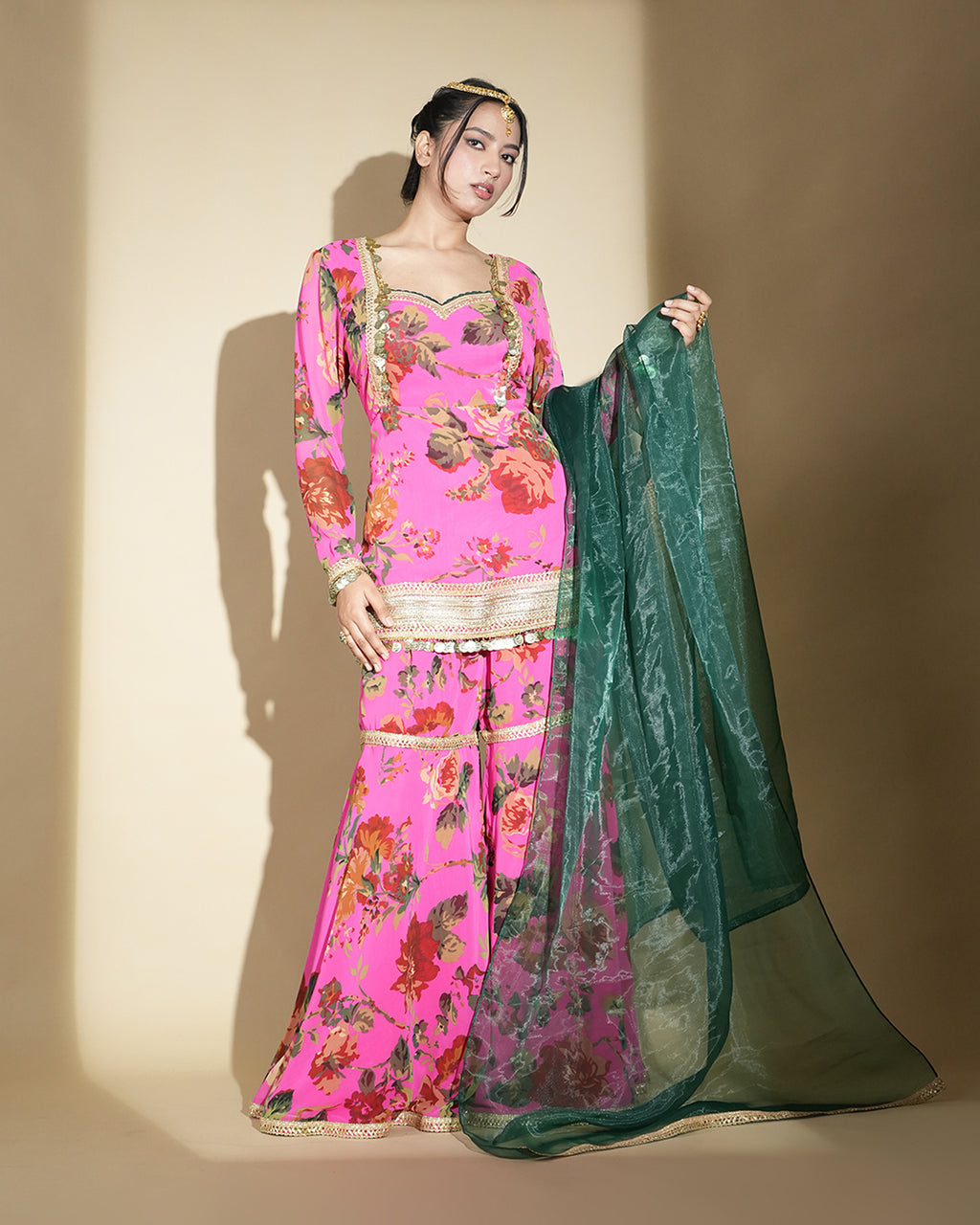 Hot pink printed kurta with festive gota detailing