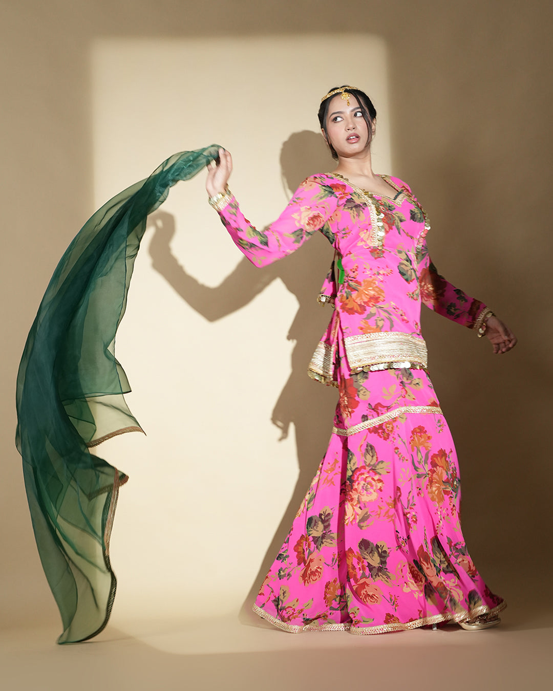 Hot pink floral kurta set with palazzo pants