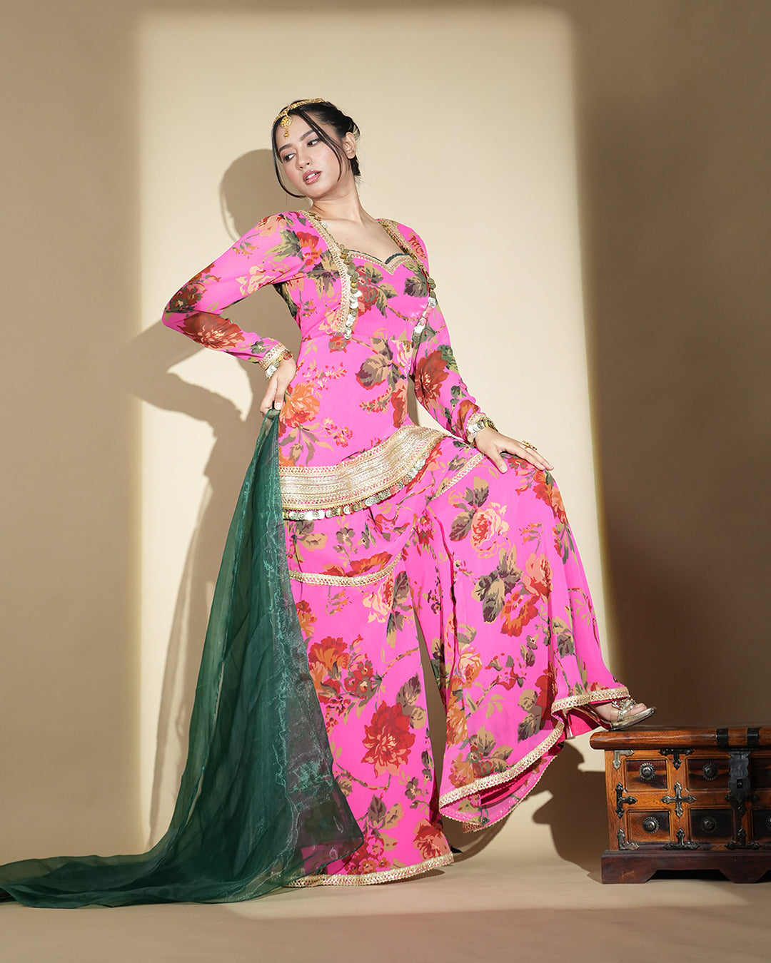 Hot pink floral kurta festive outfit side view