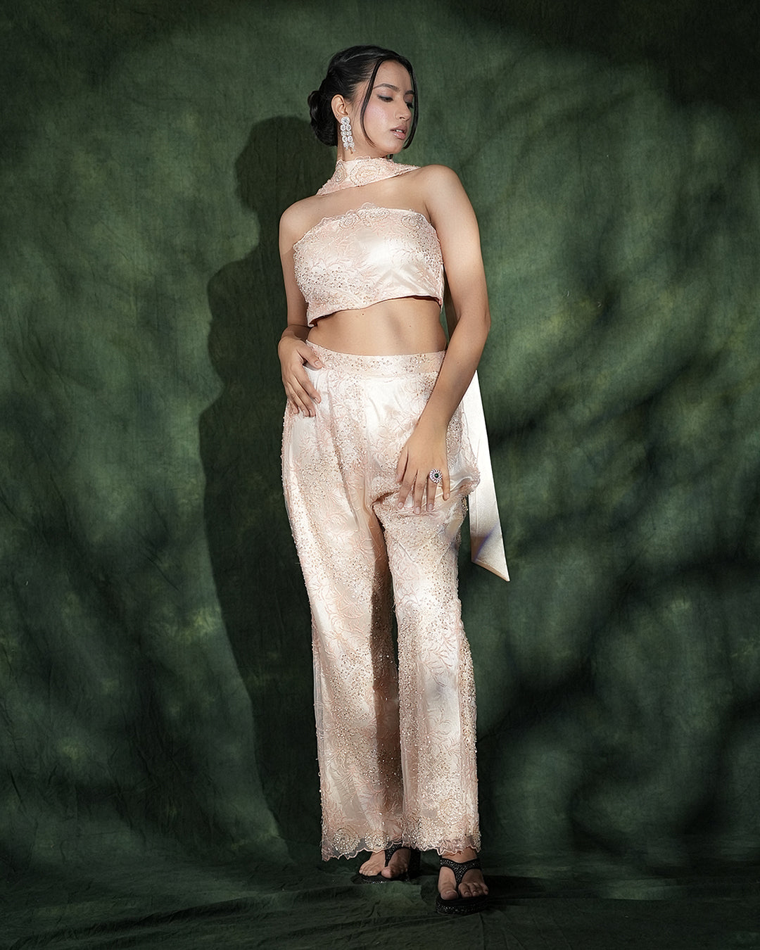 Champagne corset top with embroidered wide-leg pants set