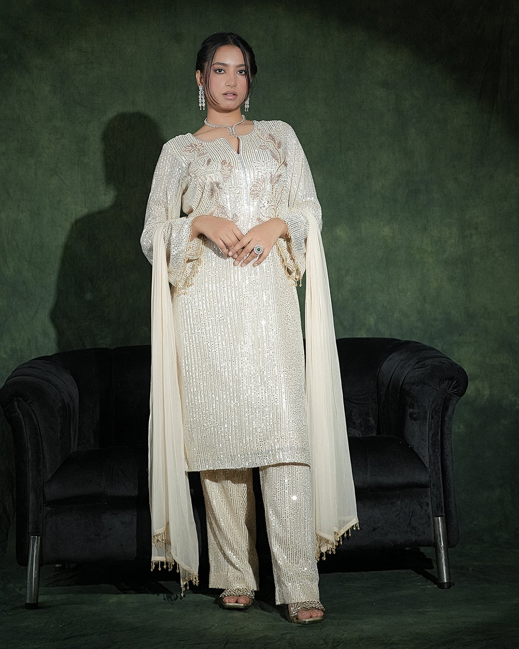 Ivory sequin suit with matching dupatta side view