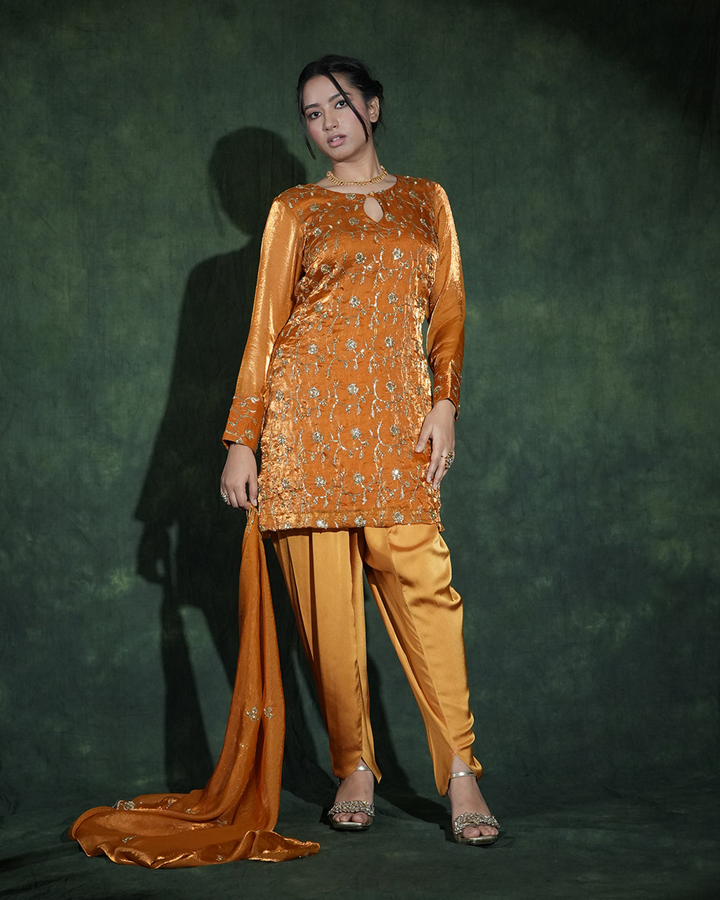 Mustard designer suit with floral sequin embroidery details