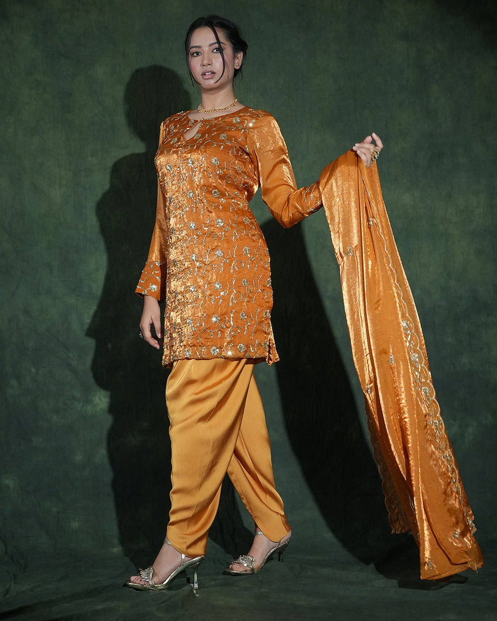 Mustard sequin suit with matching dupatta side view