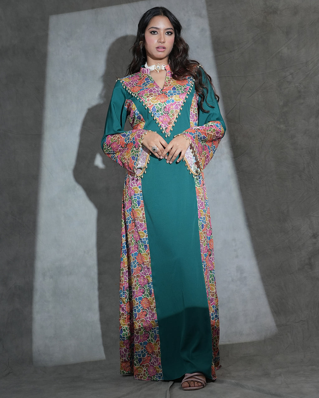 Teal long kurta with multicolour floral embroidery for women