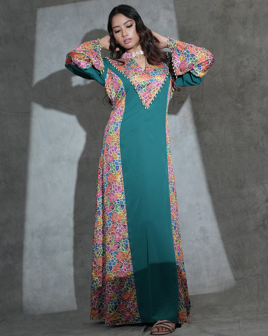 Full-length teal embroidered ethnic kurta for women