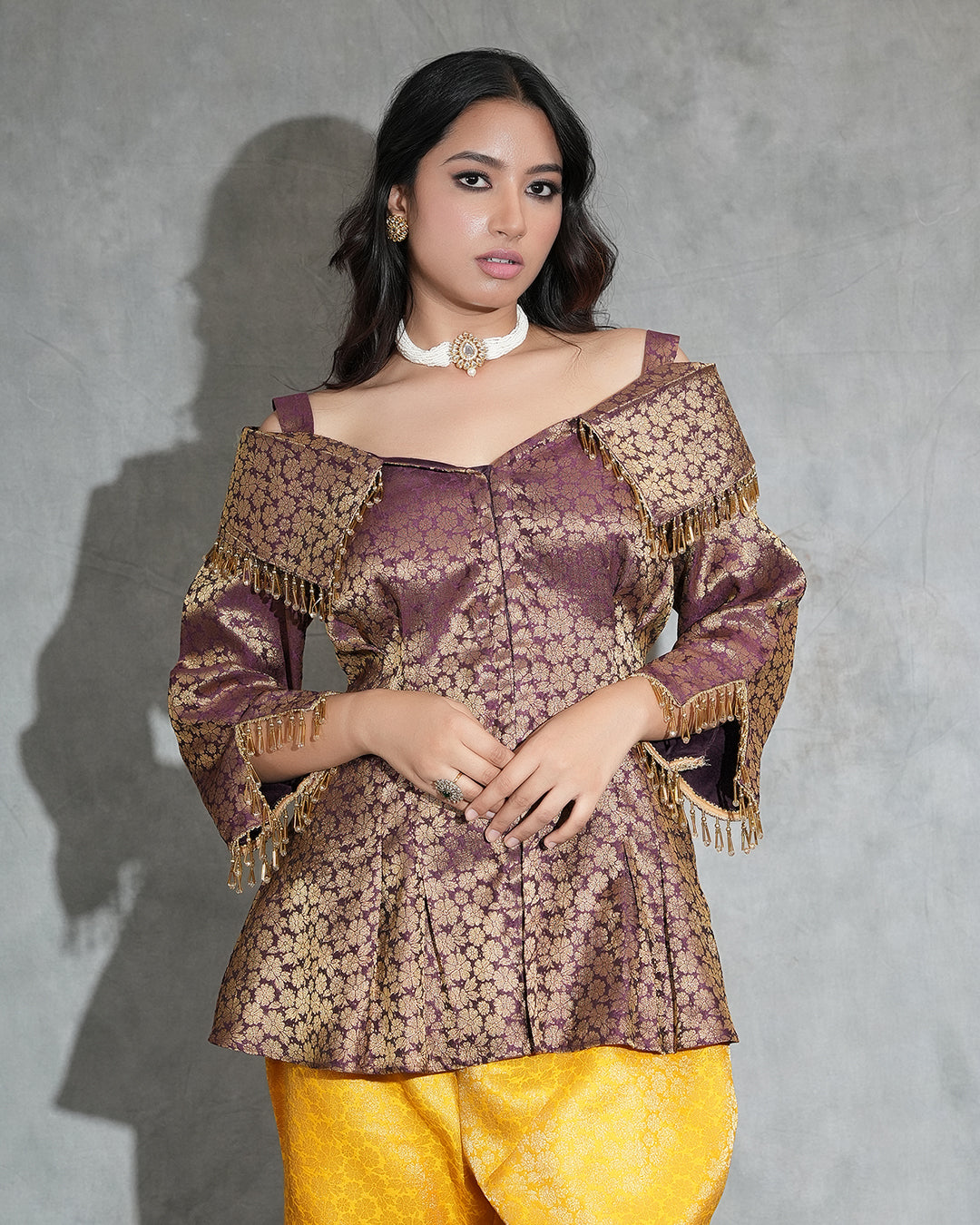 Brocade Peplum Top & Mustard Flared Pants Set