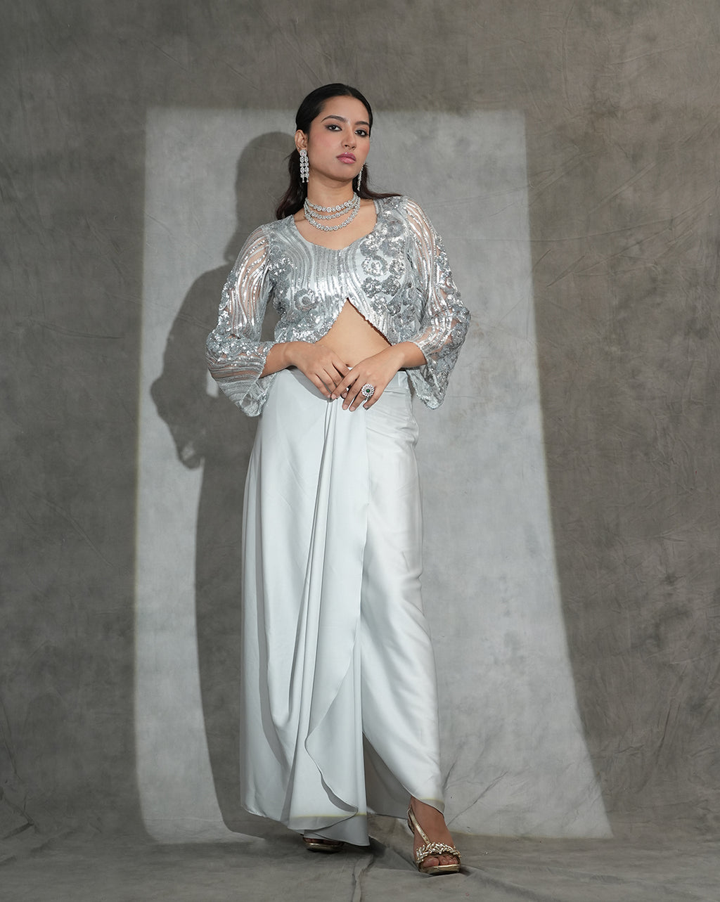 Silver Sequin Crop Top with Draped Wide-Leg Pants