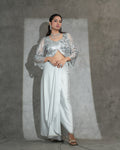 Silver Sequin Crop Top with Draped Wide-Leg Pants
