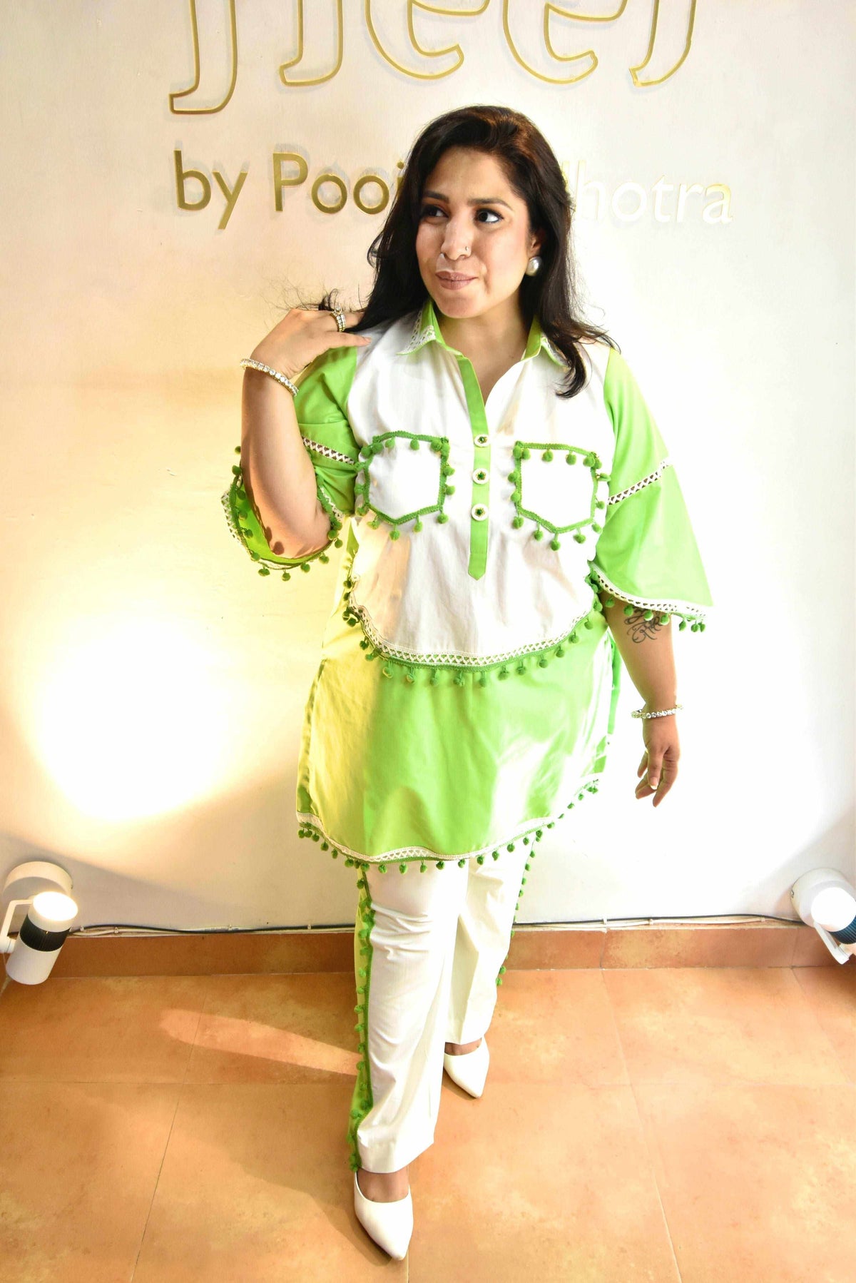 Green set with white polar pants - Heer by Pooja
