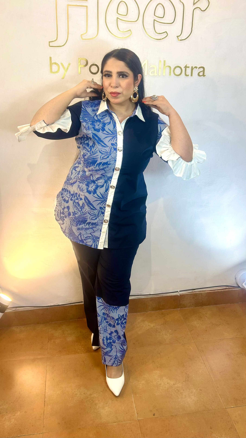 Deep Blue floral print co-ord set - Heer by Pooja